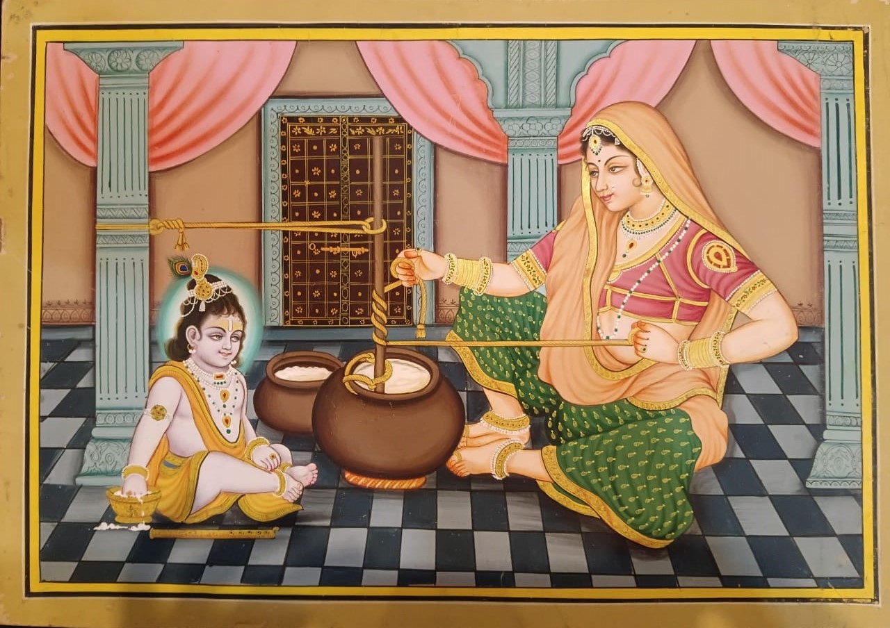Yashoda Churning Butter with Baby Krishna – Handmade Pichwai Painting with Gold Work (24 x 18 inch, Premium Frame Included) | Janmashtami Special